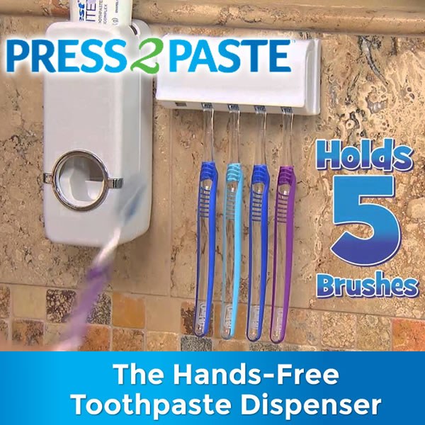 Press 2 Paste Hands Free Automatic Toothpaste Dispenser and Toothbrush Holder 